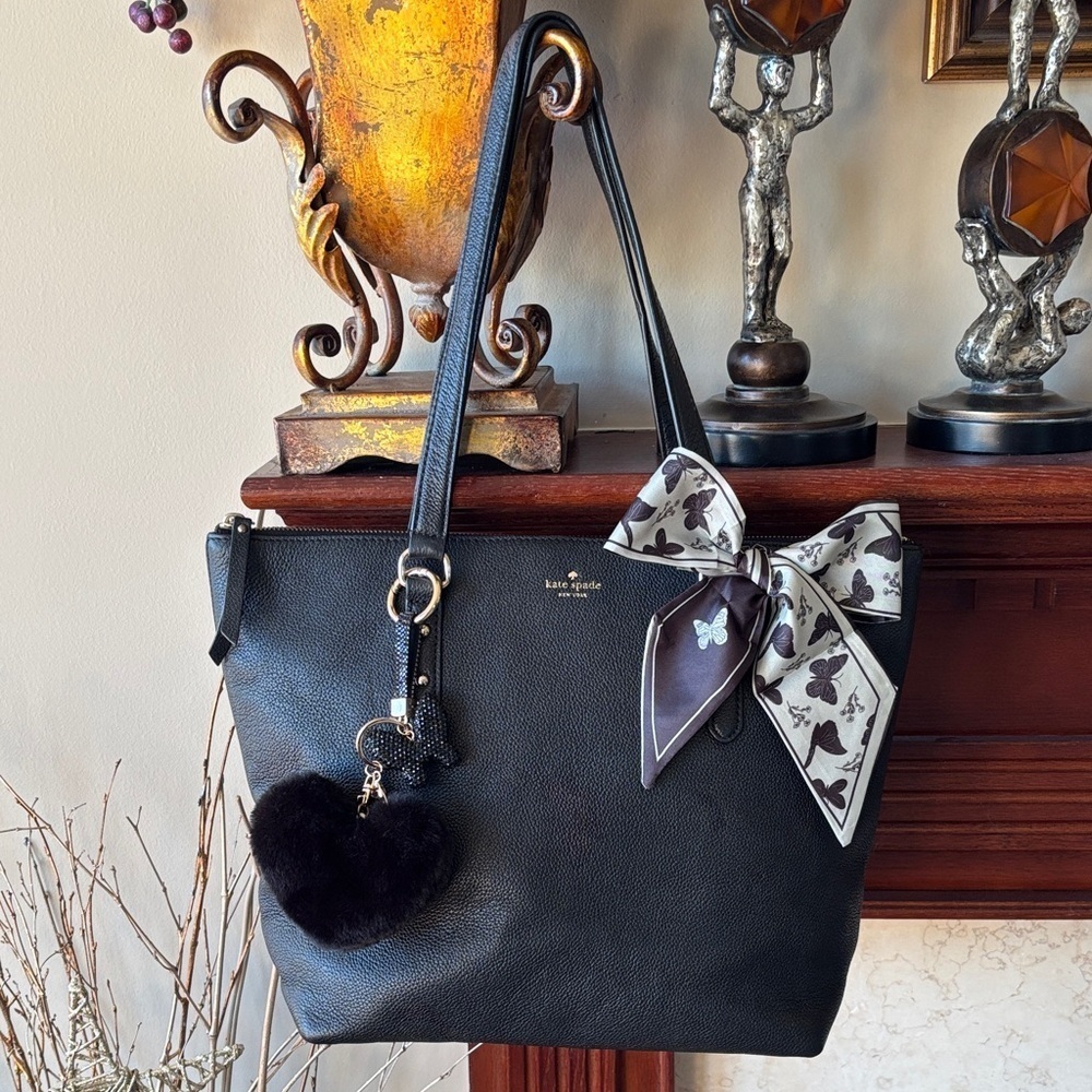 Kate Spade Black Leather Shopper Tote Bag Top Zip Butterfly Charms & Bow Twilley
